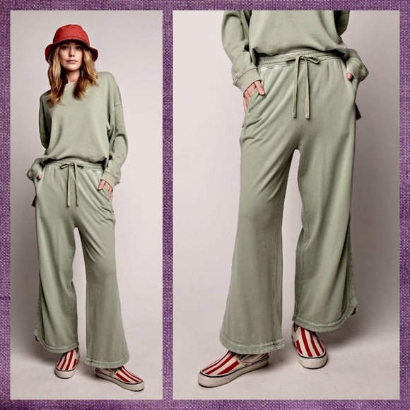 EASEL "So Comfy" Side Seams Scooped Hem Wide Leg Mineral Washed Pants Drawstring - Picture 11 of 16